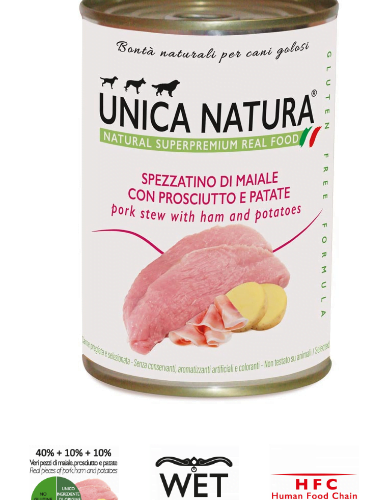 Alimento Umido Cane - Unica Natura - Spezzatino di Maiale con Prosciutto e Patate - U. REAL MAXI Gr.400