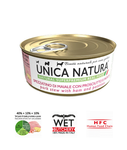 Alimento Umido Cane - Unica Natura - Spezzatino di Maiale con Prosciutto e Patate - U. REAL MINI Gr. 150
