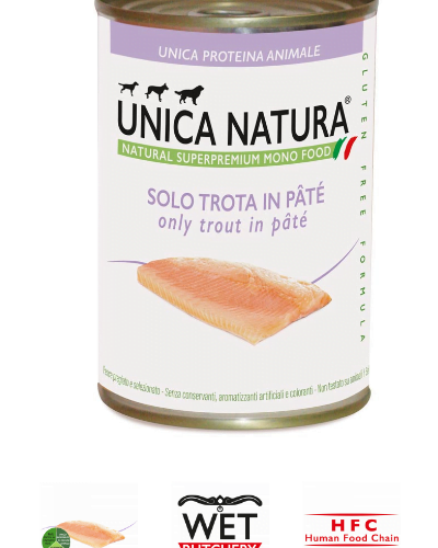 Alimento Umido Cane -Unica Natura - Solo Trota in paté - UNICO MONO ALL BREED Gr.400