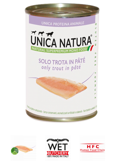 Alimento Umido Cane -Unica Natura - Solo Trota in paté - UNICO MONO ALL BREED Gr.400