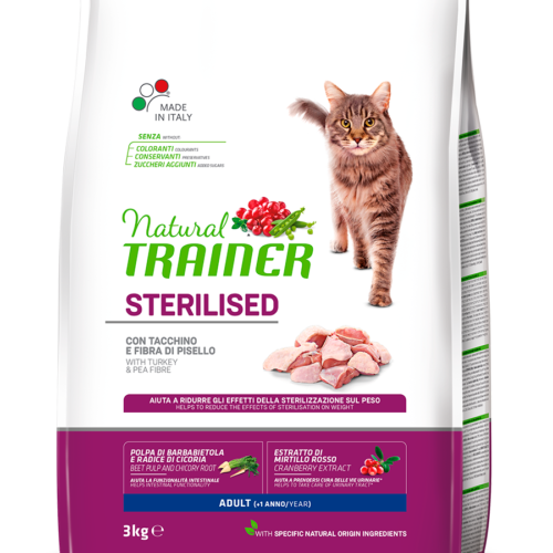 Natural Trainer gatto Sterilised Adult con tacchino e fibra di piselli 3kg